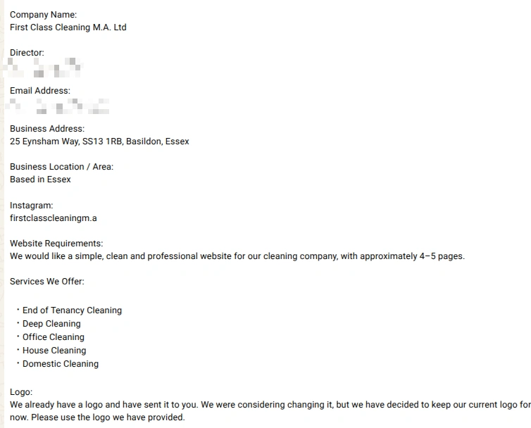 She sharing details about their business - Fist Class Cleaning M.A Ltd